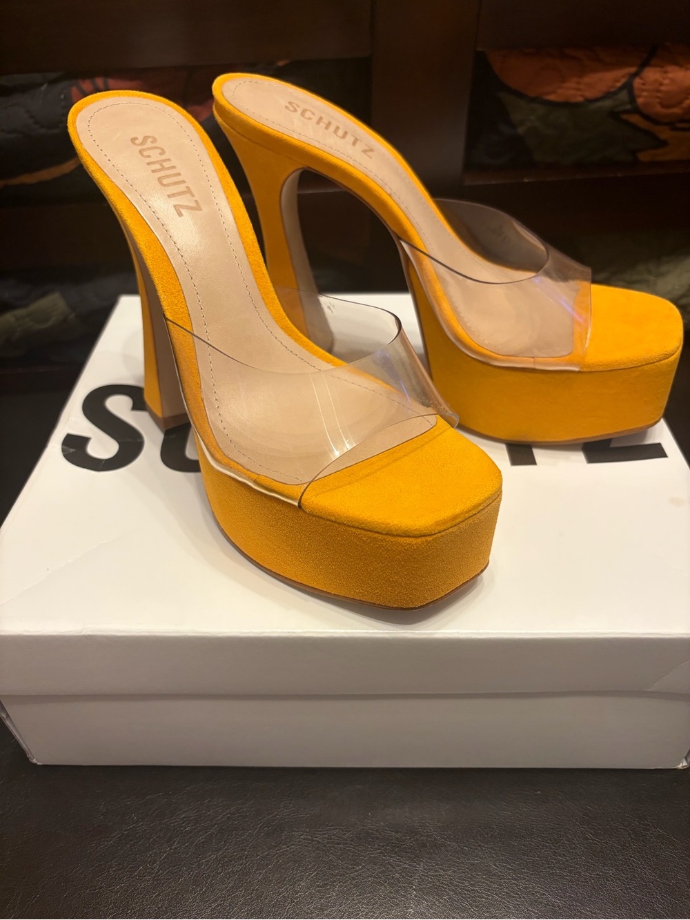 SCHUTZ Yellow Platform Clear Strap Mule Heels